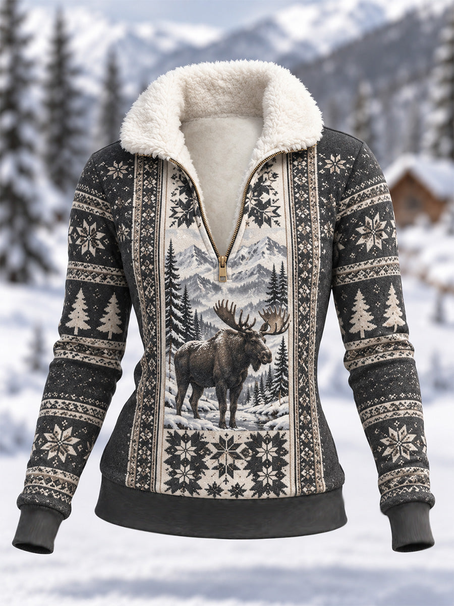 Kvinders vinter-hoodie i fleecemateriale med elgprint og kompositdesign til daglig brug