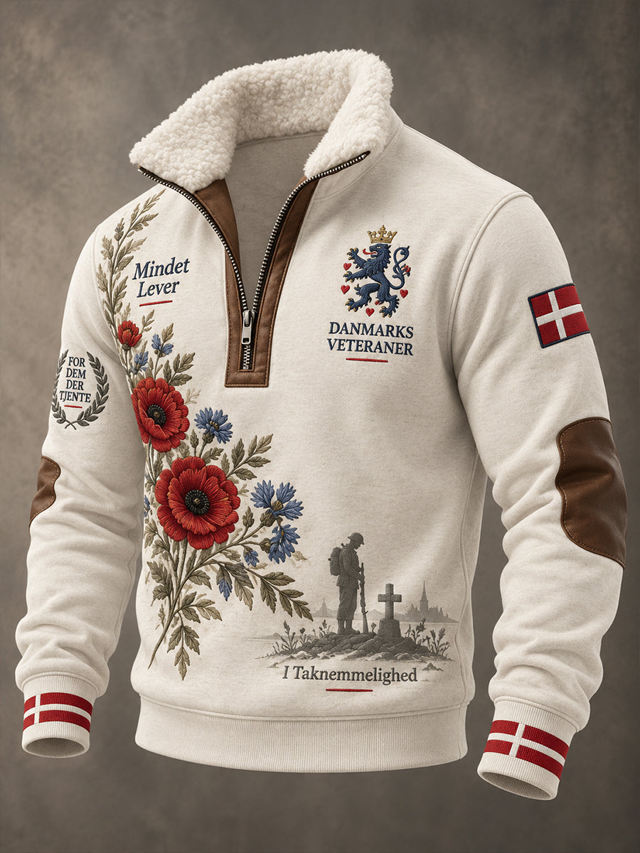 Mandlig grafisk t-shirt med standkrave og lynlås samt lange ærmer til minde om veteraner