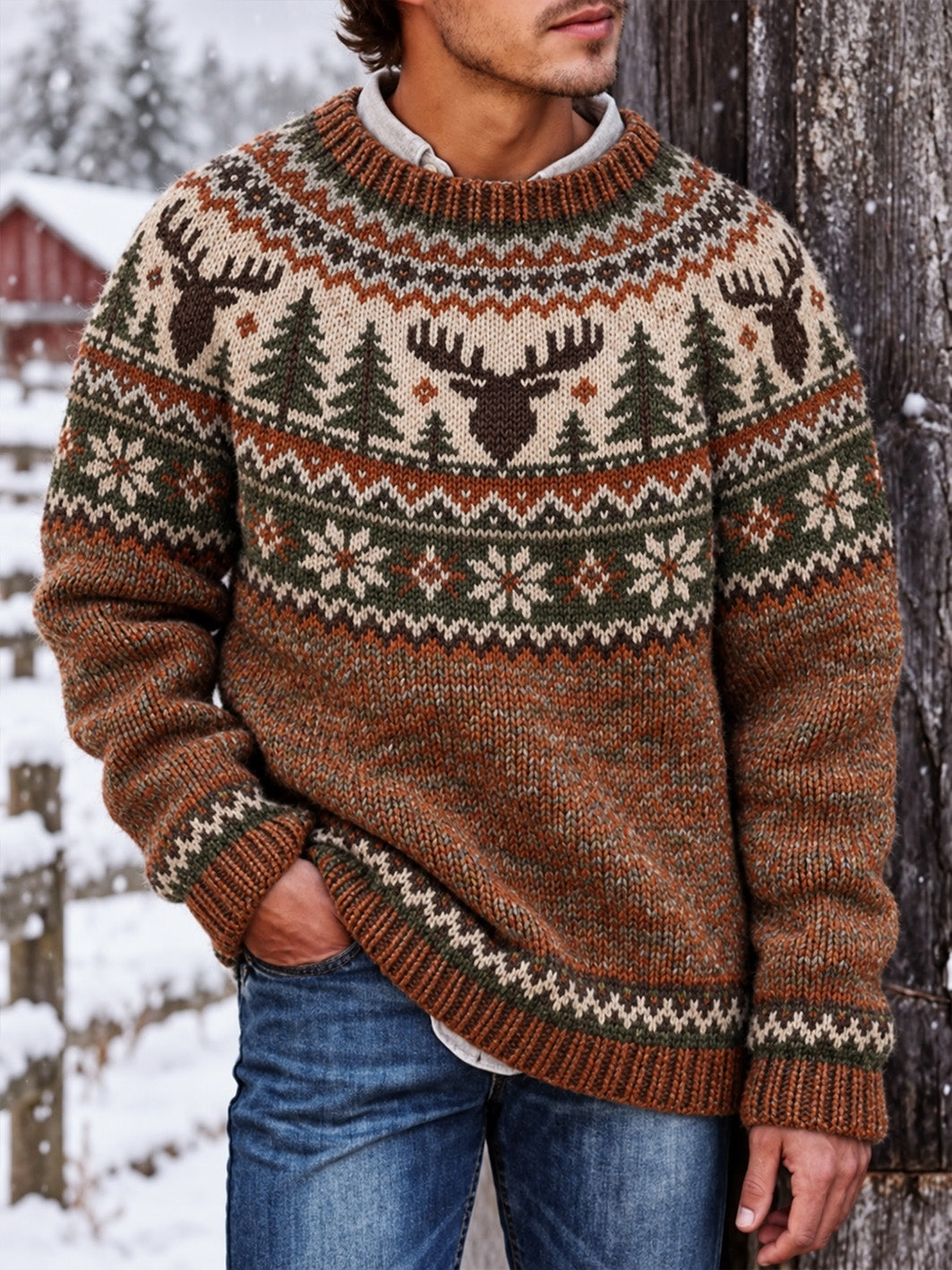 Mænds nordisk stil elg mønster afslappet imiteret sweater