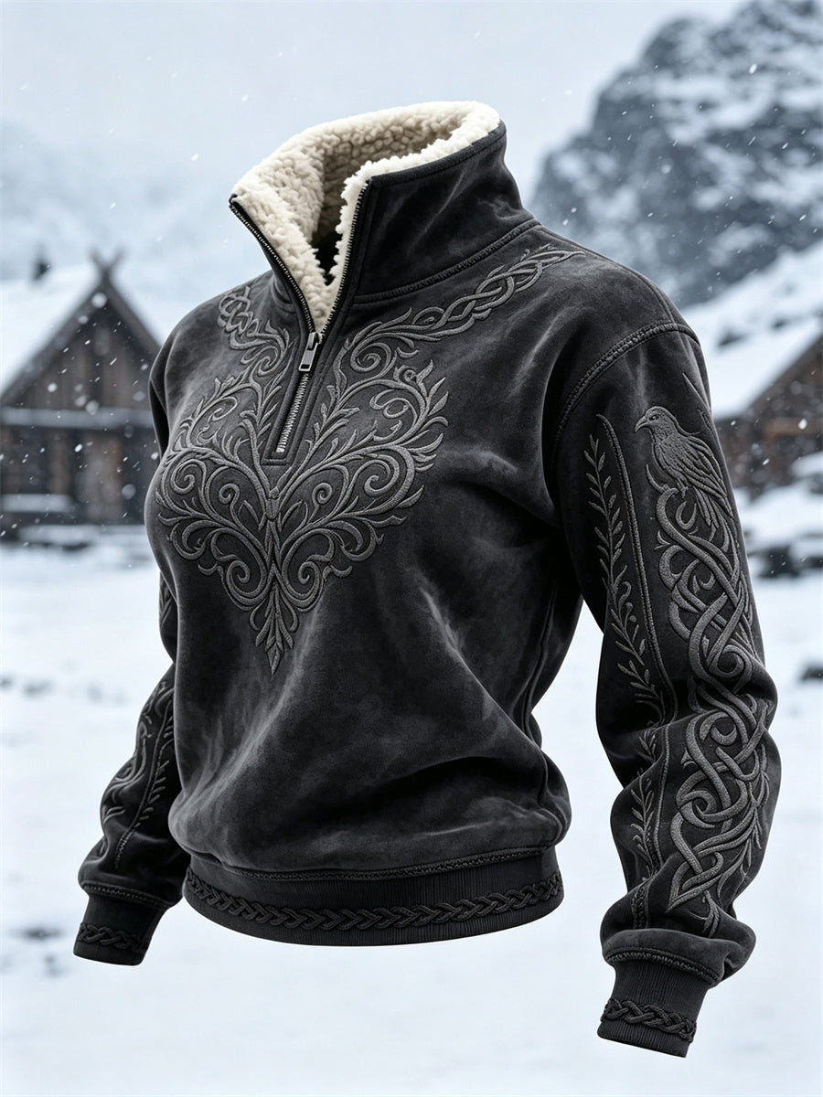 Kvinders Vintage Viking Raven Classy Celtic Knod Print Hyggelig Fur krave øverst
