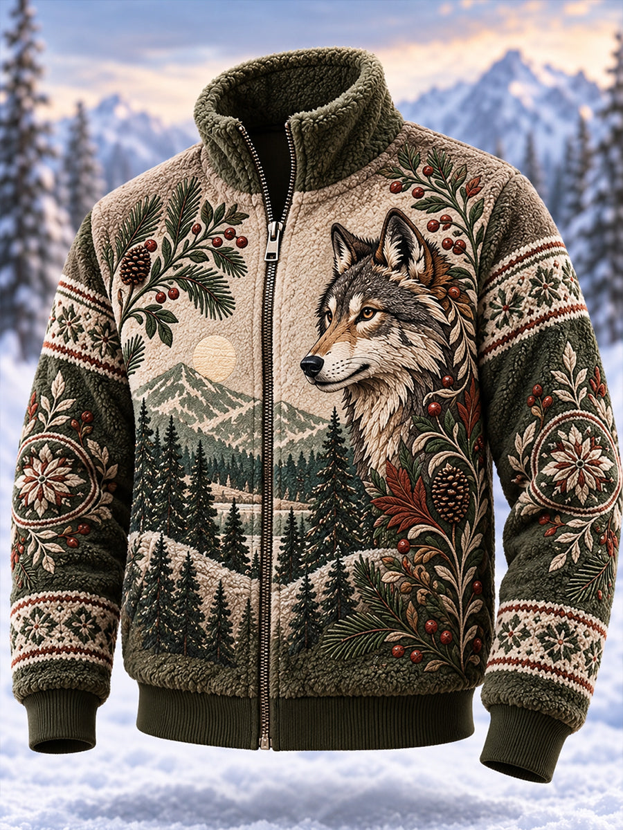 Mænds Nordic Forest Animal Print Fleece-Lined Stand-Collar Jacke