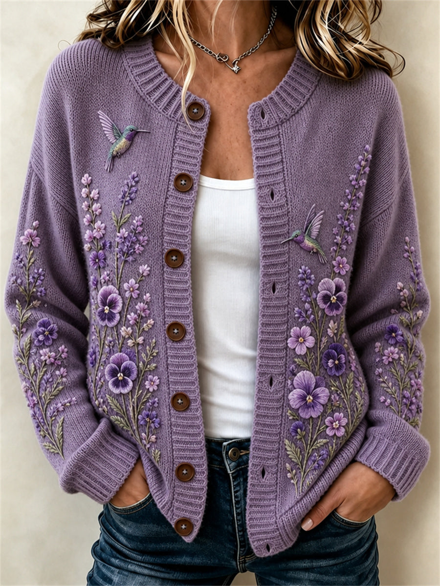 Kvinders stilfulde Humming fugle Pansy Lavendel lilla blomster Print Cardigan-stil strikke jakken