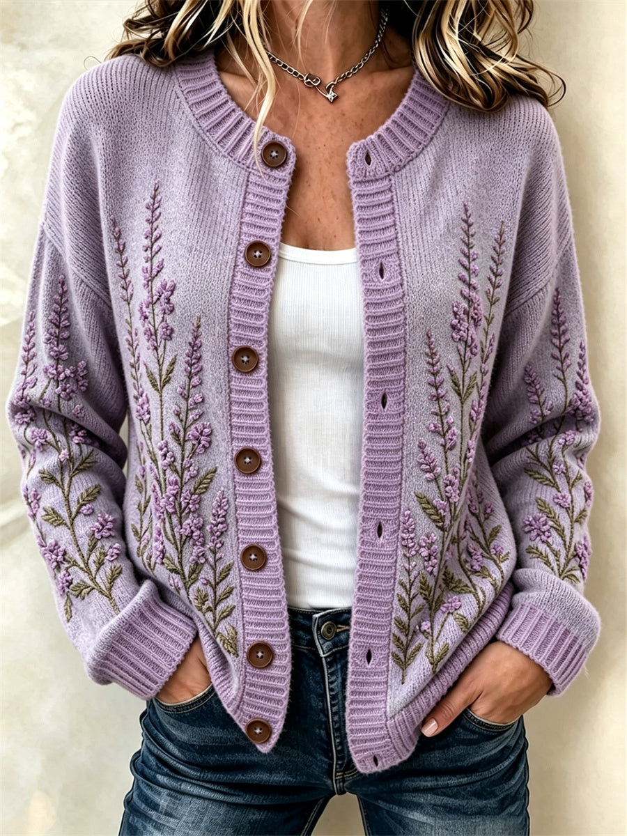 Kvinders stilfulde Lavendel Blomster Print Cardigan-stil strikke jakken