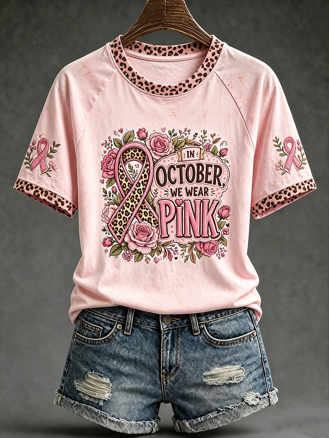 Kvinder pink anti-cancer mønster trykt afslappet kort ærme T-shirt