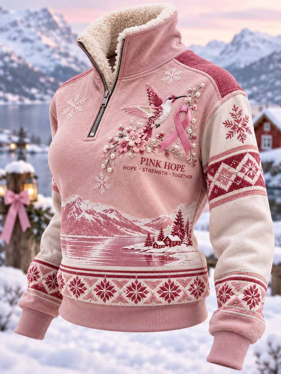 Damehoodie med grafisk print til opmærksomhed omkring brystkræft – vinterkollektion