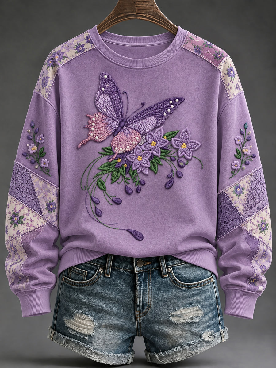 Dame-sweatshirt med lilla blomsterkunsttryk