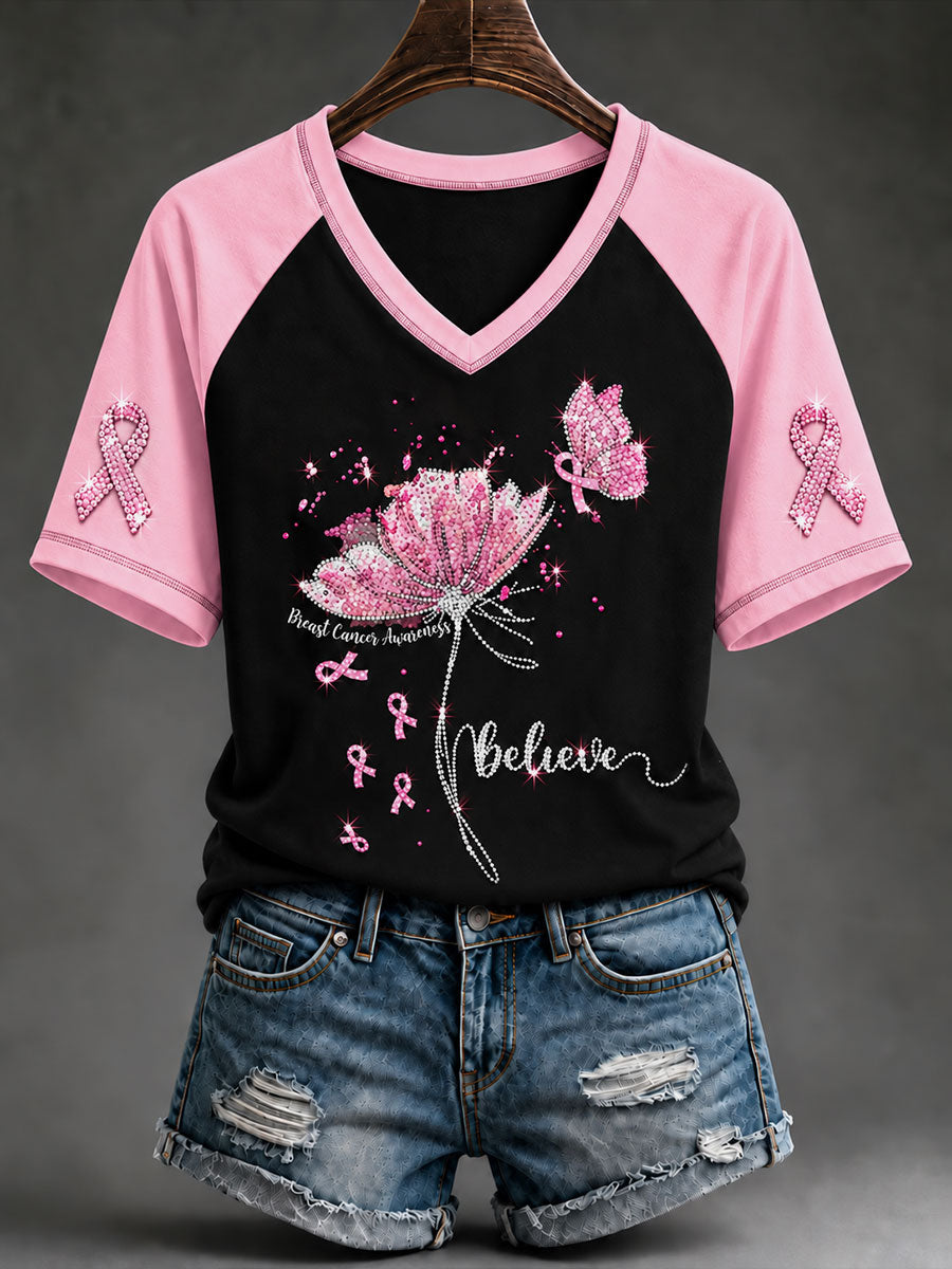Kvinder Pink Rhinestone Butterfly Bryst kræft bevidsthed Kortærmet T-shirt