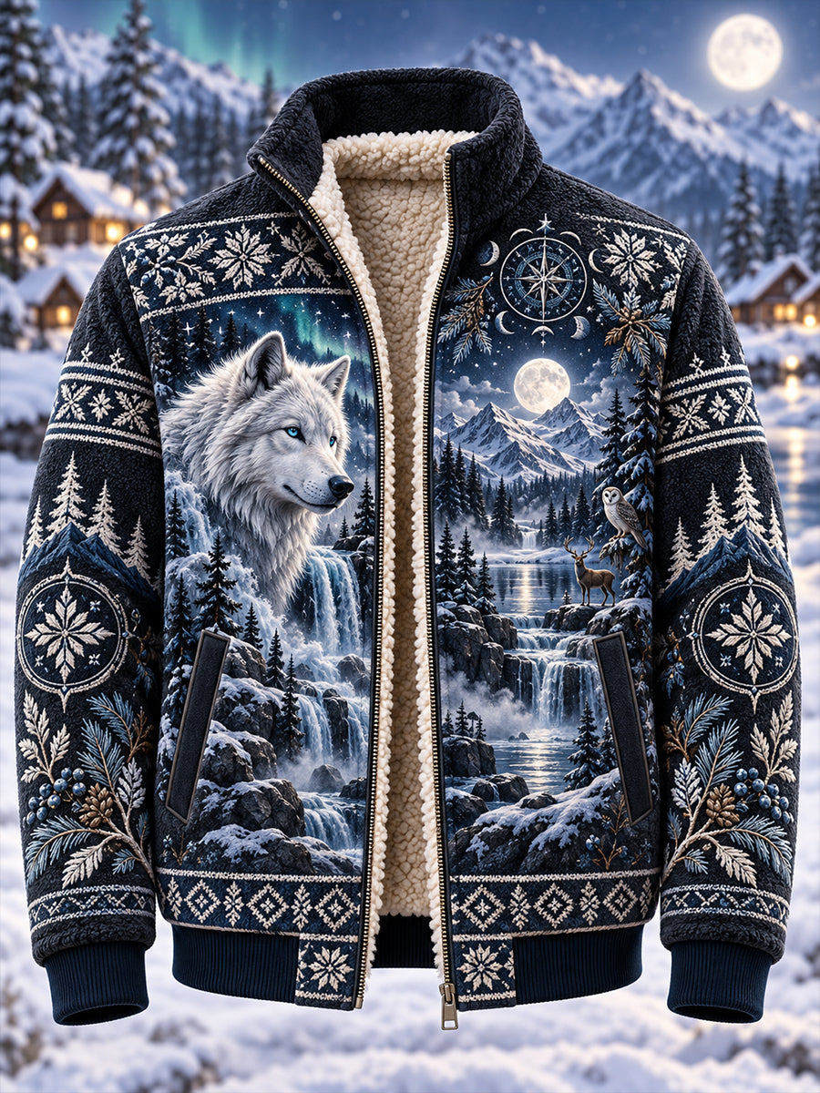Mænds Nordic Forest Animal Fleece-Lined Stand-Collar Jacke