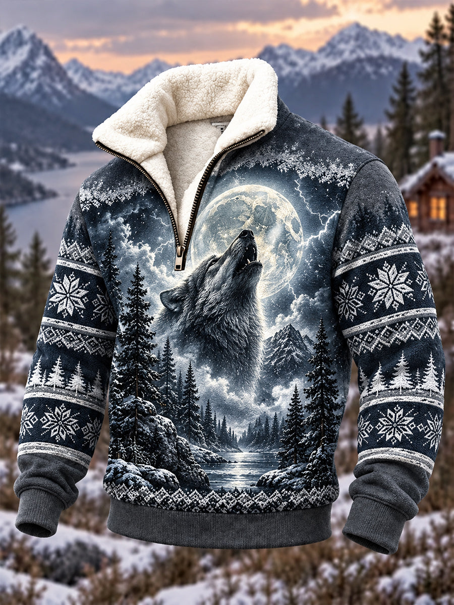 Herre-fleeceforet afslappet sweatshirt med nordiske skovdyr