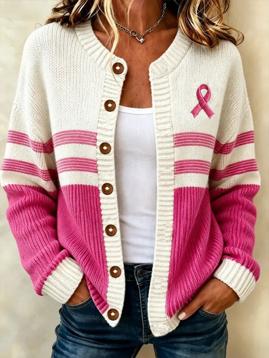 Kvinders brystkræft Bevidstgørelse Print Cardigan-Style Strikke jakken