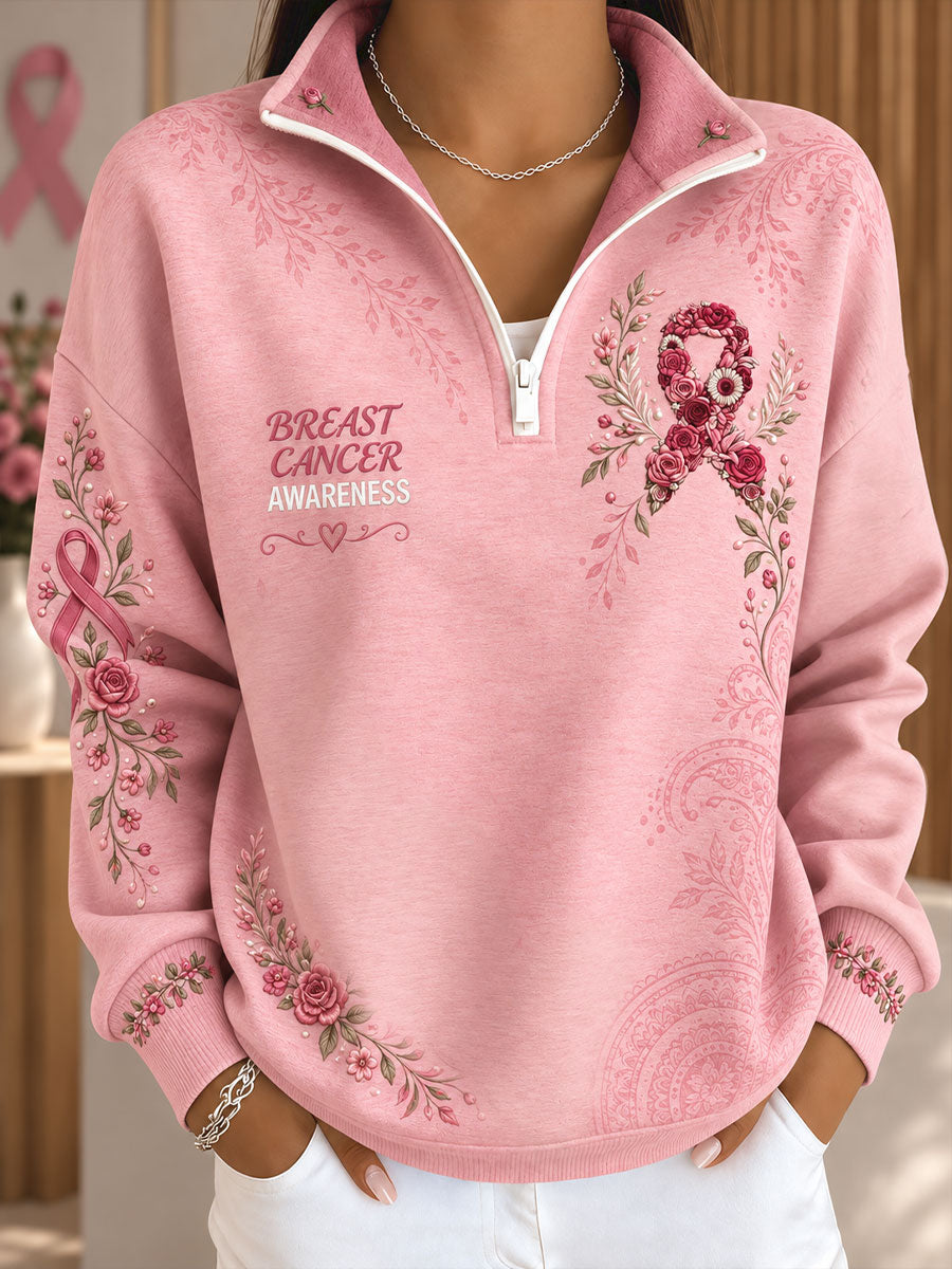 Lyserød blomsterkunstprintet sweatshirt til kvinder – Bevidsthed om brystkræft