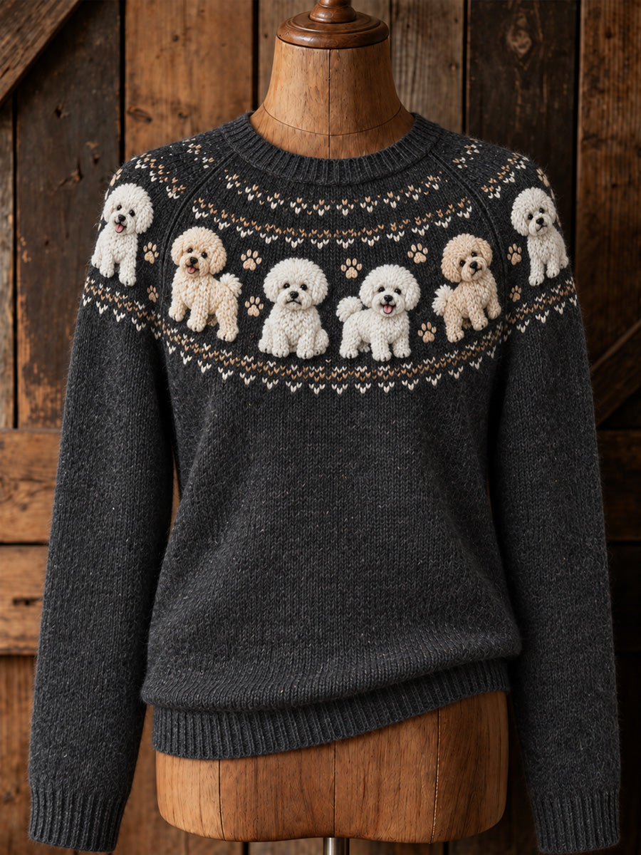 Kvinders Vintage Søde Bichons & Paws Print Langærmet Sweater Print