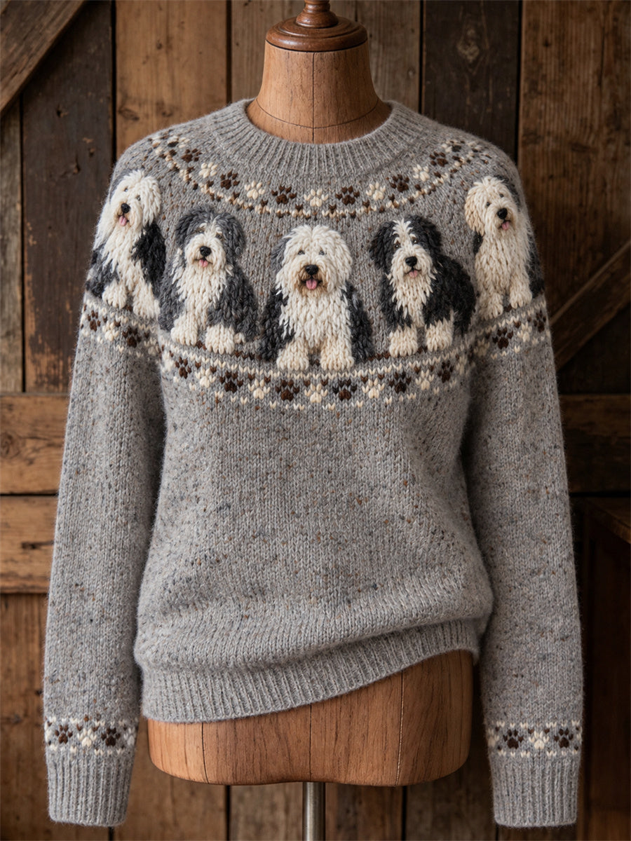 Kvinders Vintage Old English Sheepdogs Yoke Isle Print besætning hals sweater.