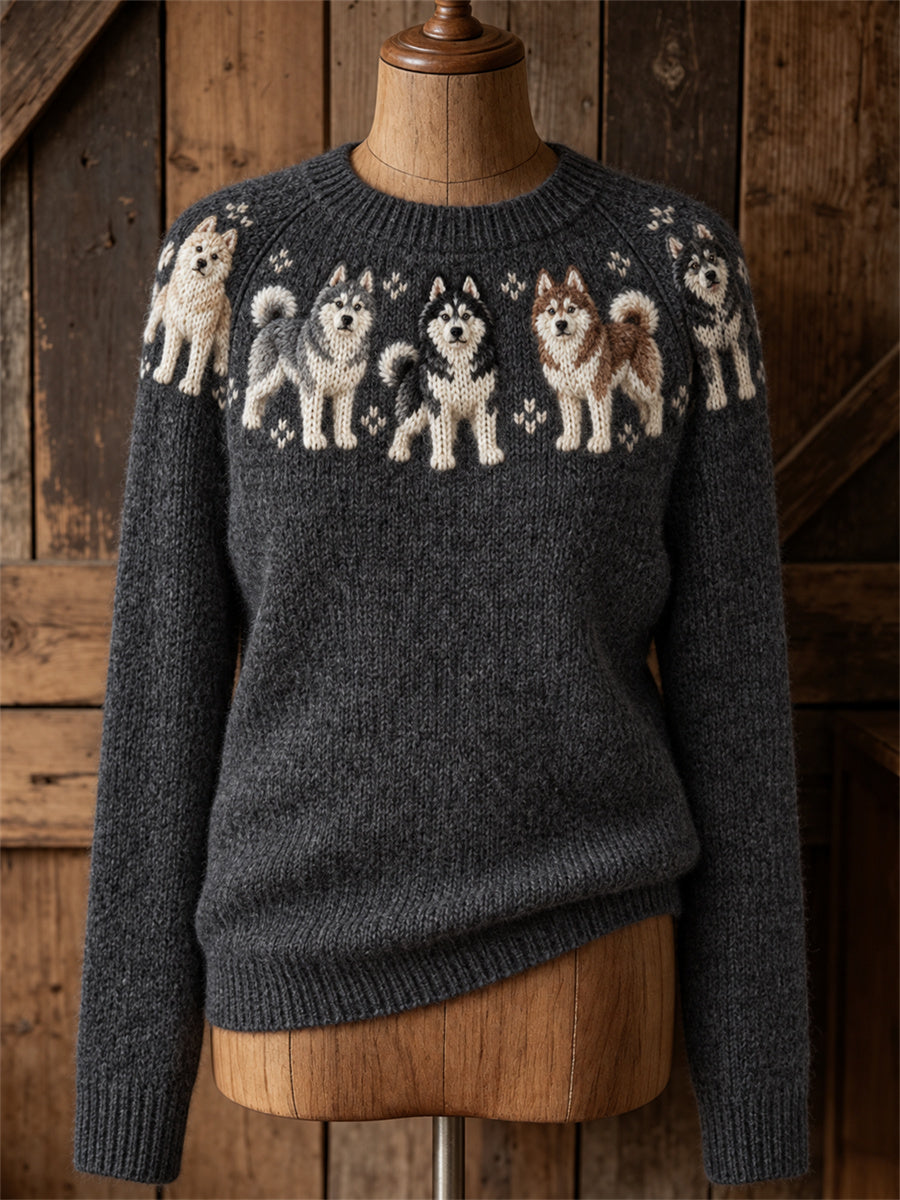 Kvinders Vintage Husky Dogs Yoke Isle Print besætning hals sweater.