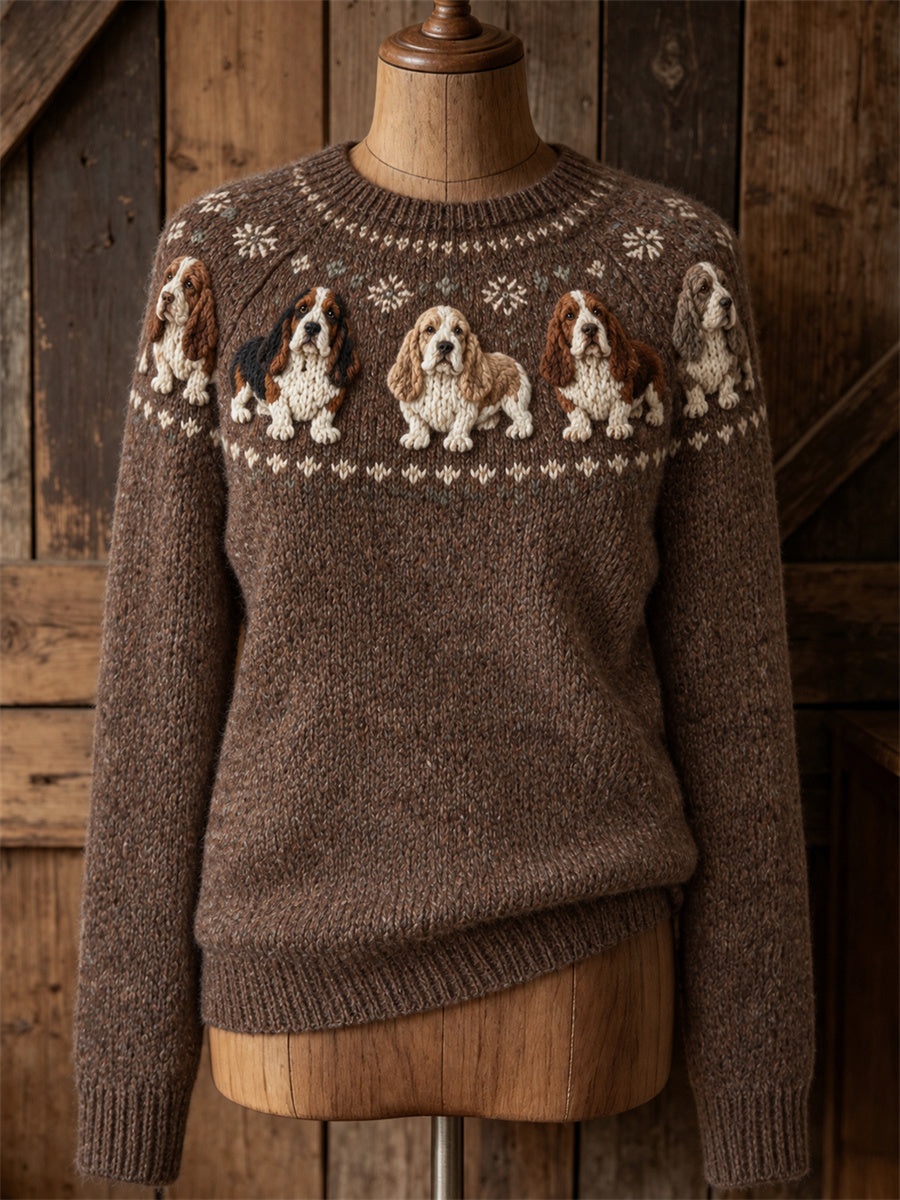 Kvinders Vintage Basset Hound hunde Yoke Isle Print besætning hals sweater.