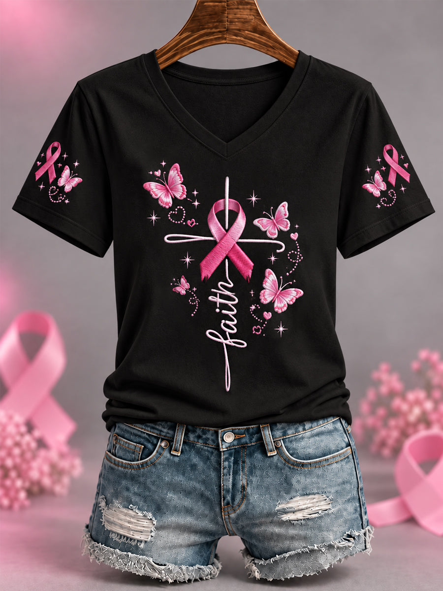 Kvinders Pink Ribbon Butterfly Cross Tro Print Brystkræft Bevidsthed Support V-Neck Tee
