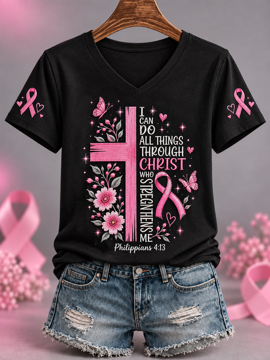 Kvinders Pink Ribbon Cross Tro Print Bryst kræft bevidsthed Support V-Neck Tee