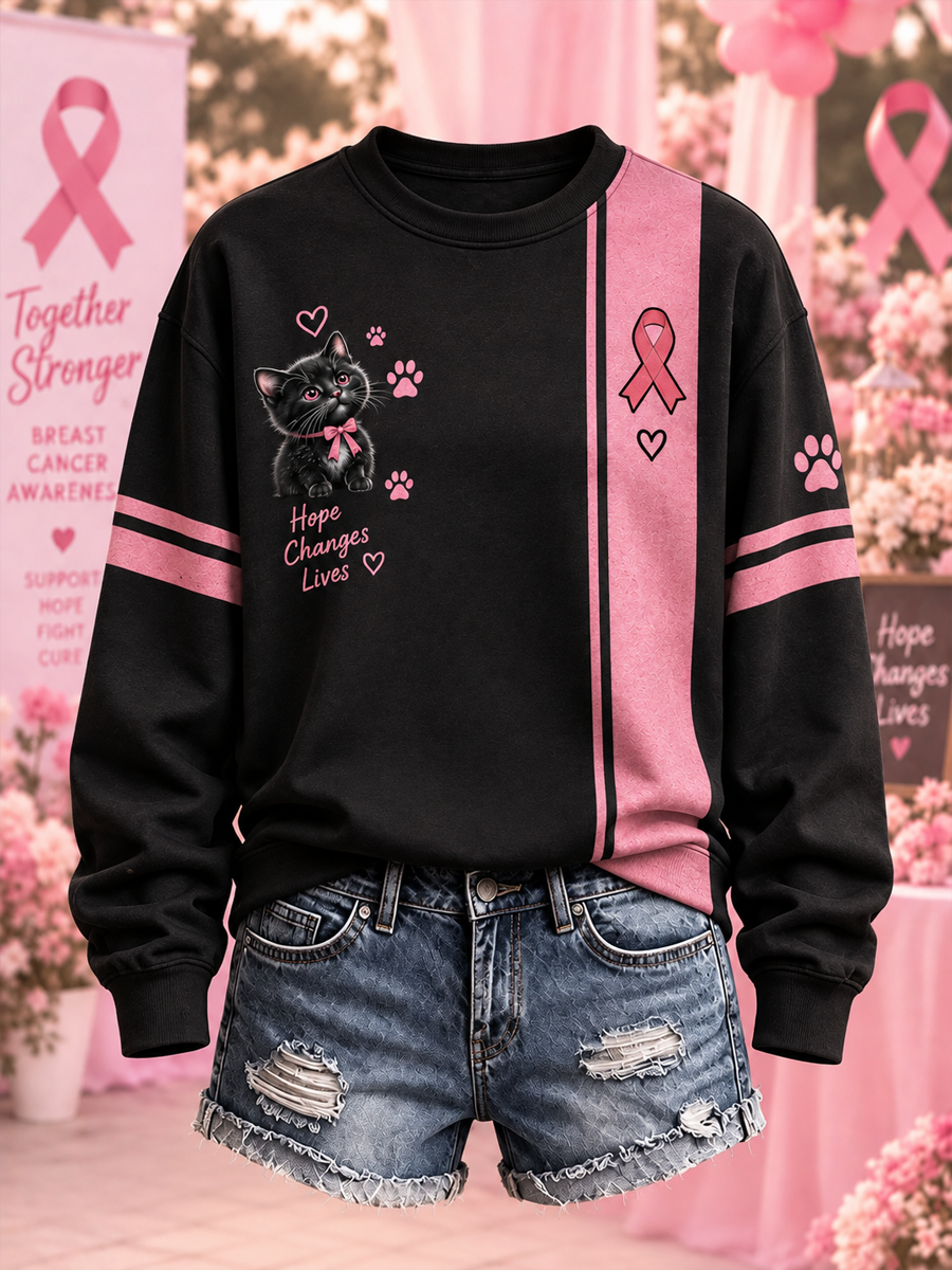 Kvinder Sort og pink kat og blomster print Regelmæssig Sweatshirt