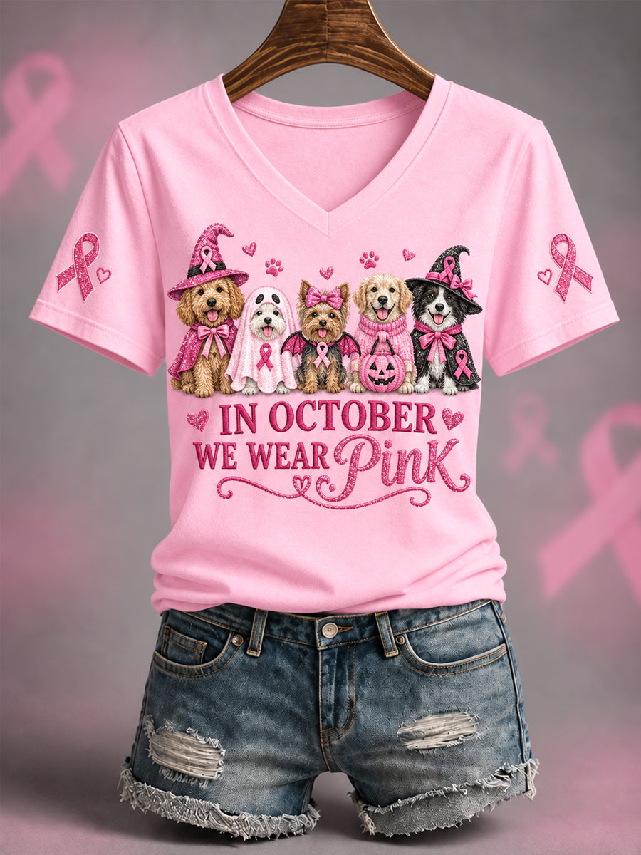 Kvinders I oktober bærer vi pink – Halloween-pink hundeprint – trøje med V-hals til støtte for brystkræftbevidsthed