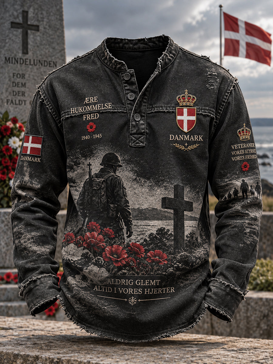 Mænds langærme top med patriotisk veteran-tema print