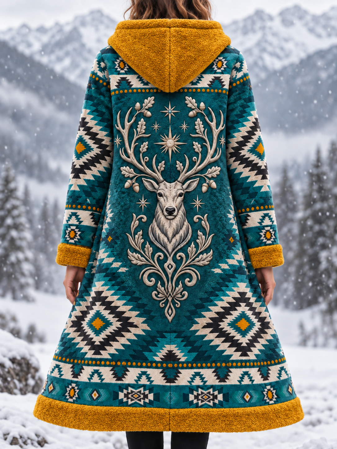 Kvinders Vintage Nordic-Style Aztec Hjort hoved tyk flannel jakken