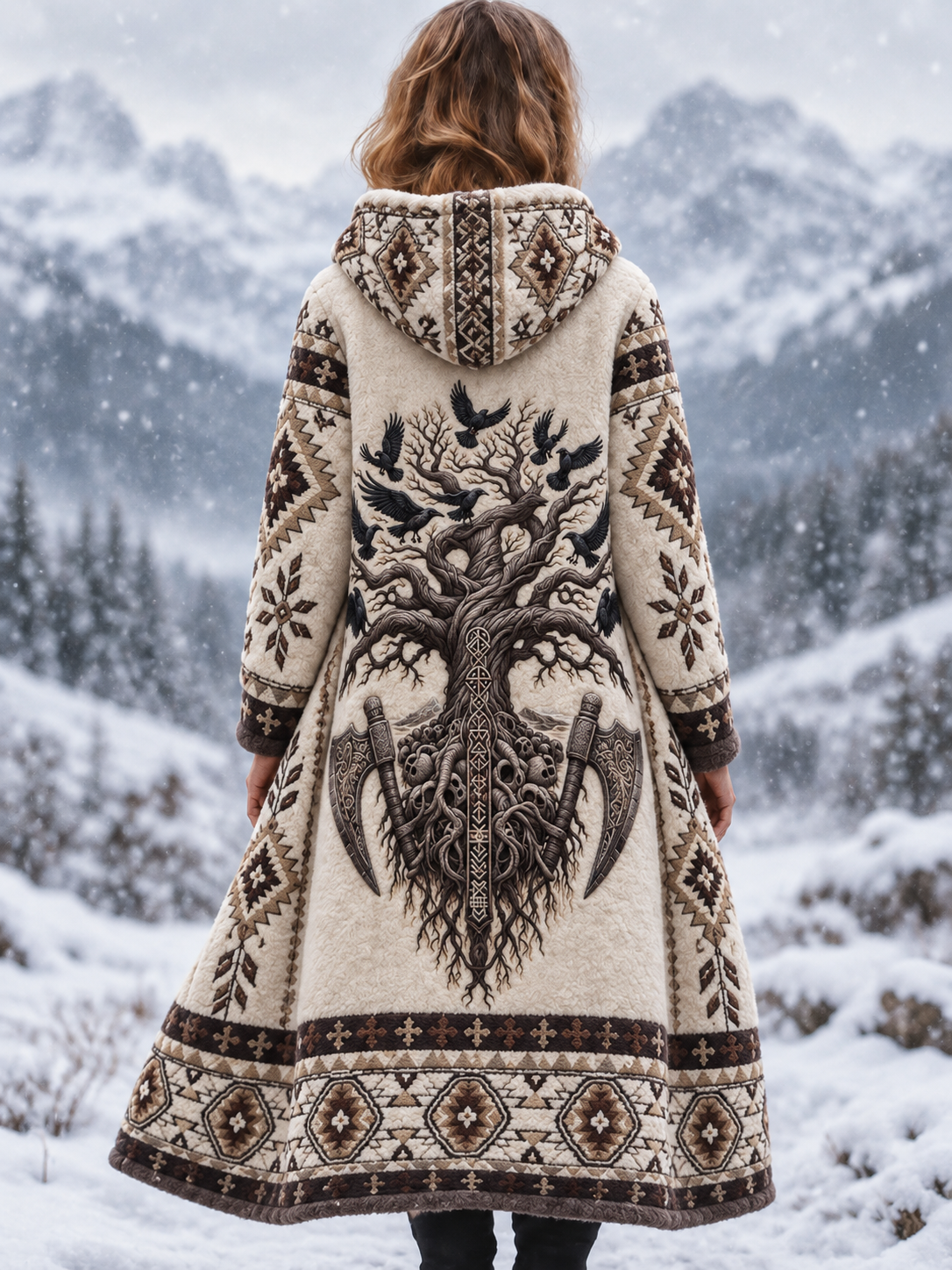 Kvinders Vintage Nordic Viking Træ livet & Raven Aztec tyk Flannel Jake