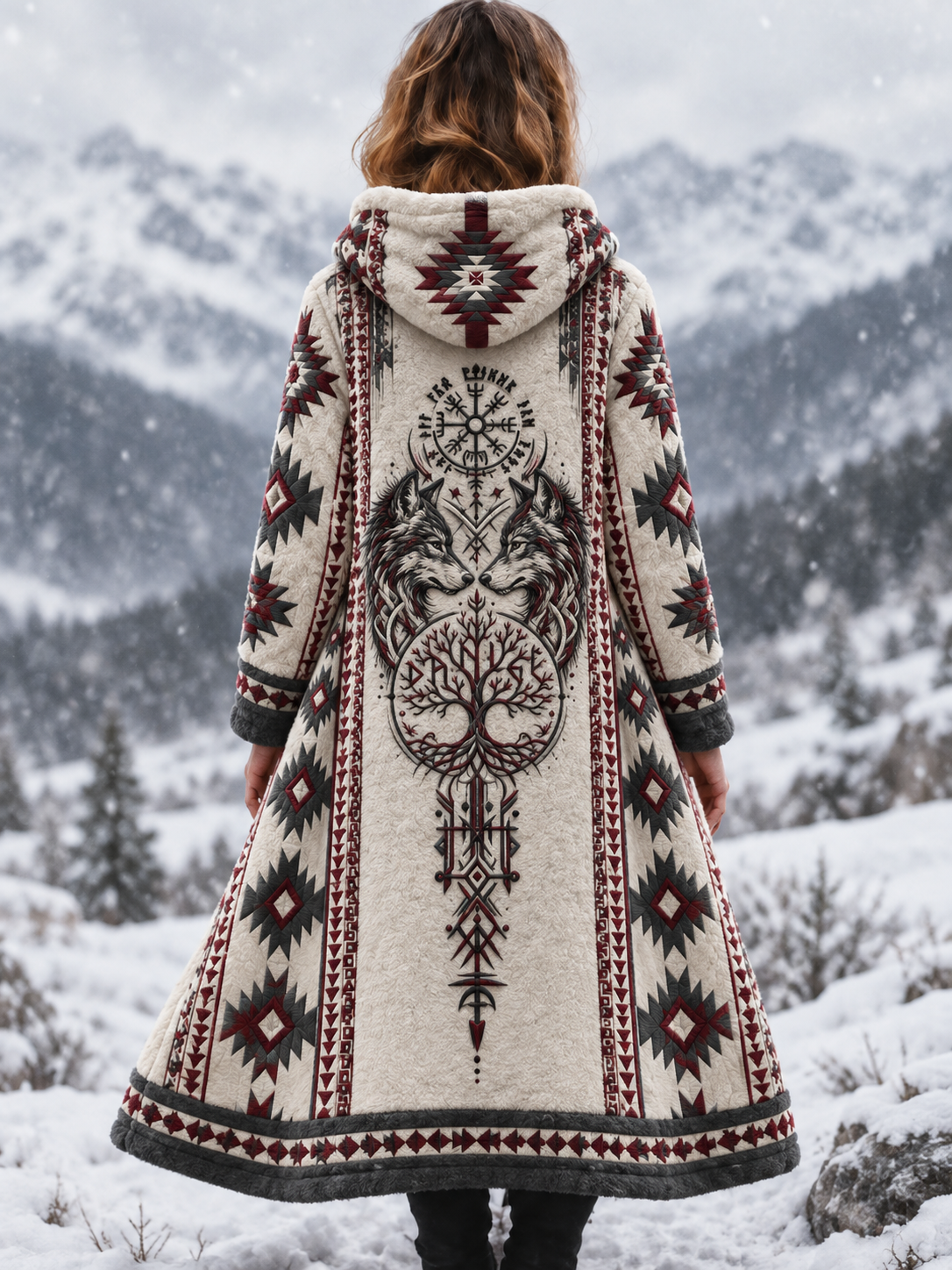 Kvinders vintage vikingulvehoved aztekisk tyk flanelljakke