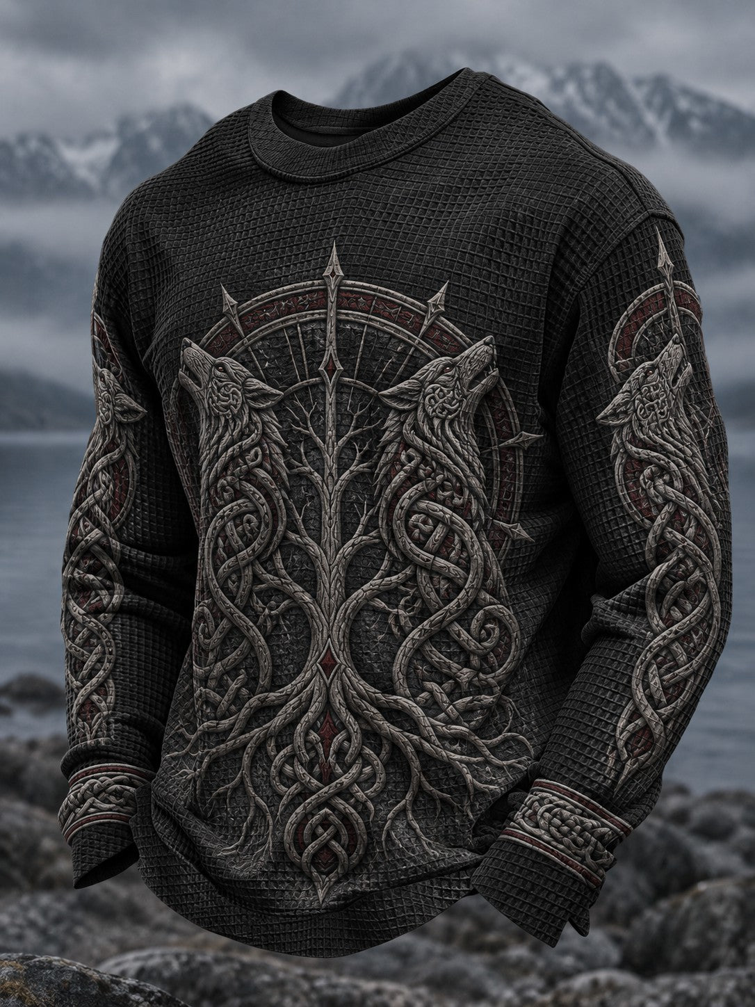 Herre Viking-printet vaffelstruktureret langærmet T-shirt