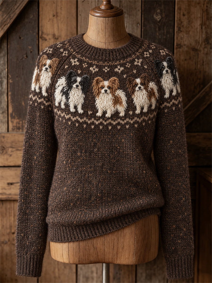 Damens Papillon Dogs Yoke Isle Print besætning hals sweater.