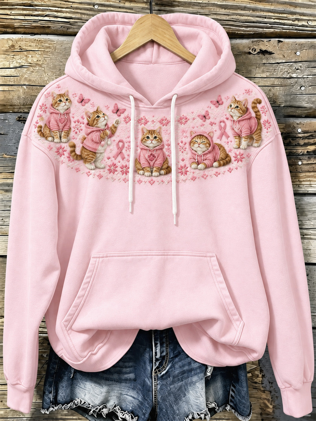 Kvinders kat mønster og lyserød velgørenhed Bånd Design Casual HoodieComment