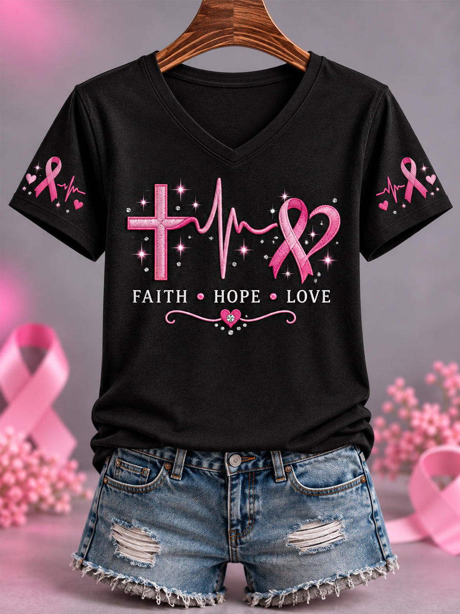 Kvinders Pink Ribbon Tro Hope Kærlighed Print Brystkræft Bevidsthed Support V-Neck Tee