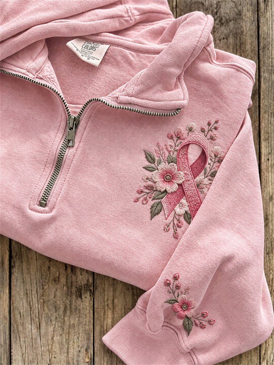 Kvinders lyserøde bånd blomster Print zip op sweatshirt