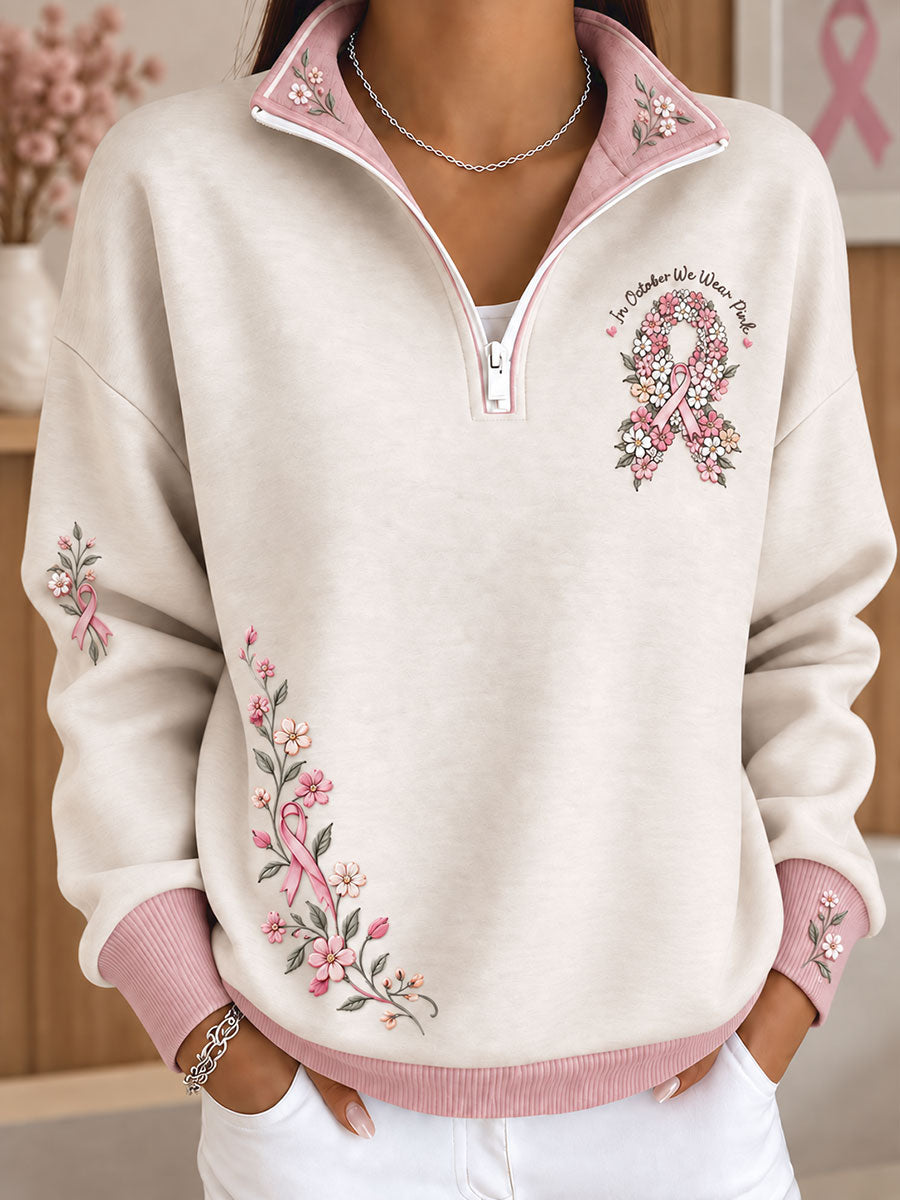 Blomsterkunstprintet sweatshirt til kvinder med budskab om brystkræftbevidsthed
