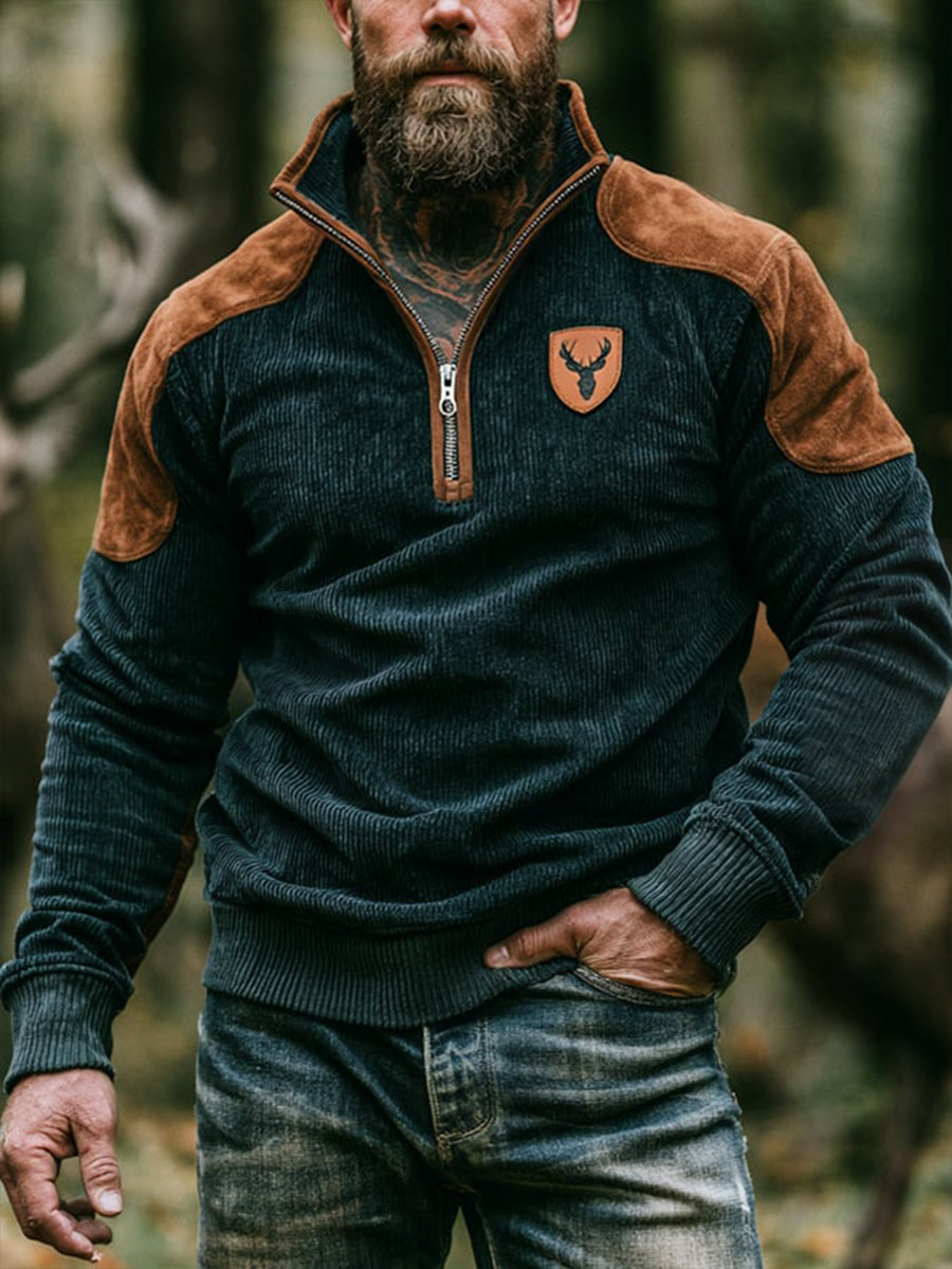 Mænds Retro Color Block Print Zip-Up Corduroy Sweatshirt