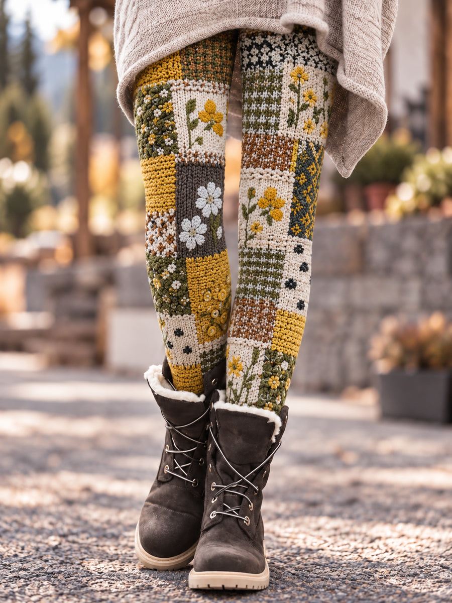 Kvinders Retro Vinter Kunstnerisk Blomster Checkered Leggings