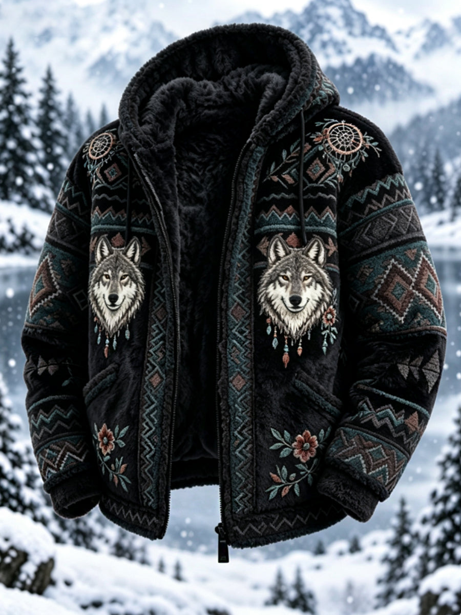 Mænds vintage flanneljakke i nordisk stil med aztekisk hjortehovedmotiv