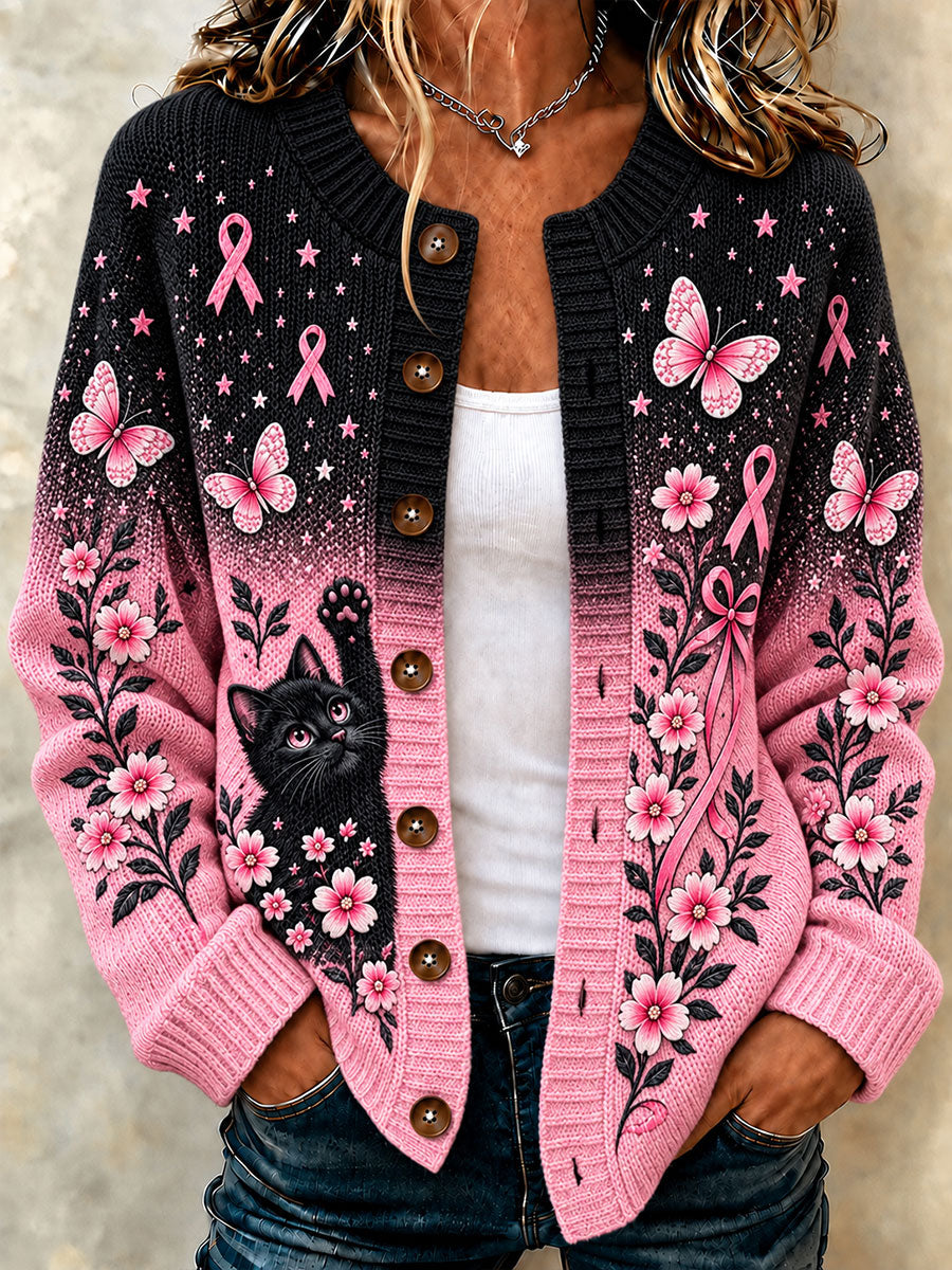 Kvinders brystkræft Oplysning Cat Print Casual Cardigan