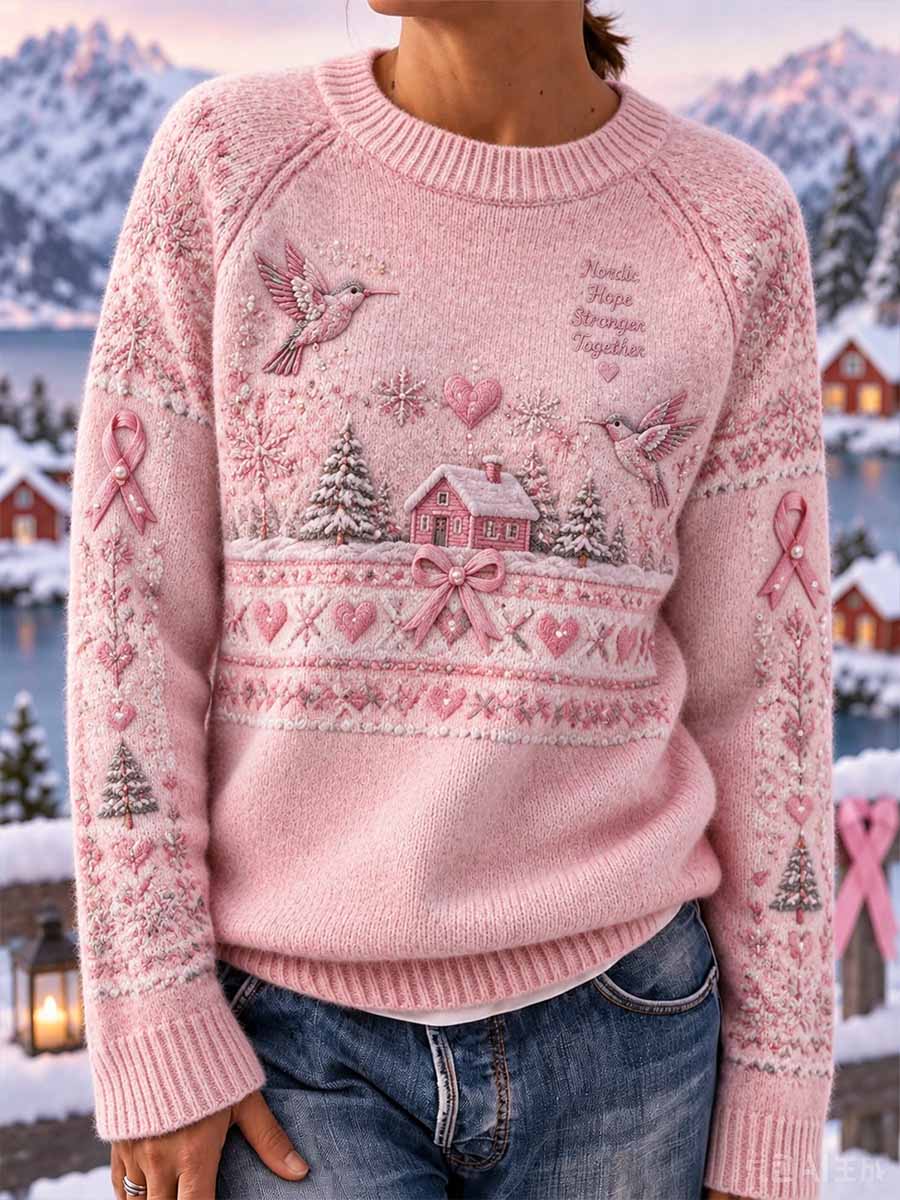 Kvinder Vinter Bryst kræft opmærksomhed Mønster Print Sweater Print