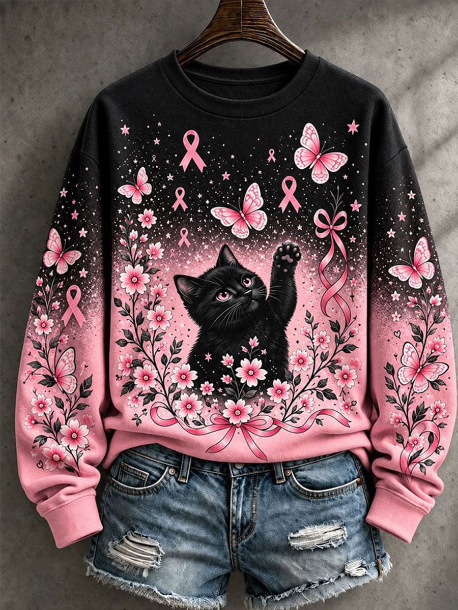Kvinders brystkræft opmærksomhed Kat Print Casual Sweatshirt