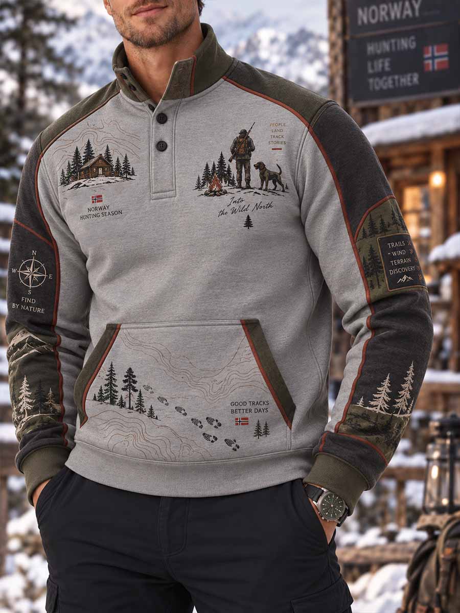 Herre-sweatshirt i utendørsstil med retrojaktmotiv