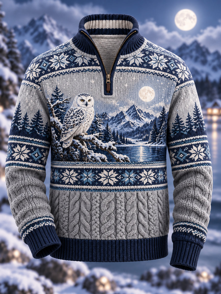 Herreflanelsweater med nordisk dyremotiv og halv lynlås