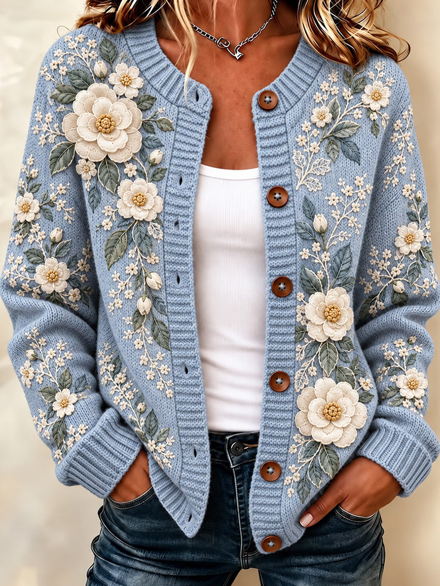 Kvinde vintage blomsterprint afslappet behagelig cardigan sweater