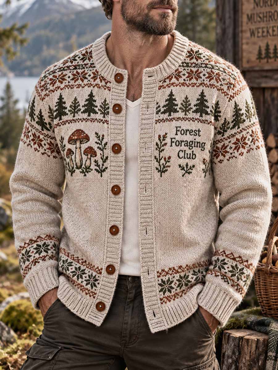 Menns Vintage Skogsskattjakt Sopp sesong trykt cardigan