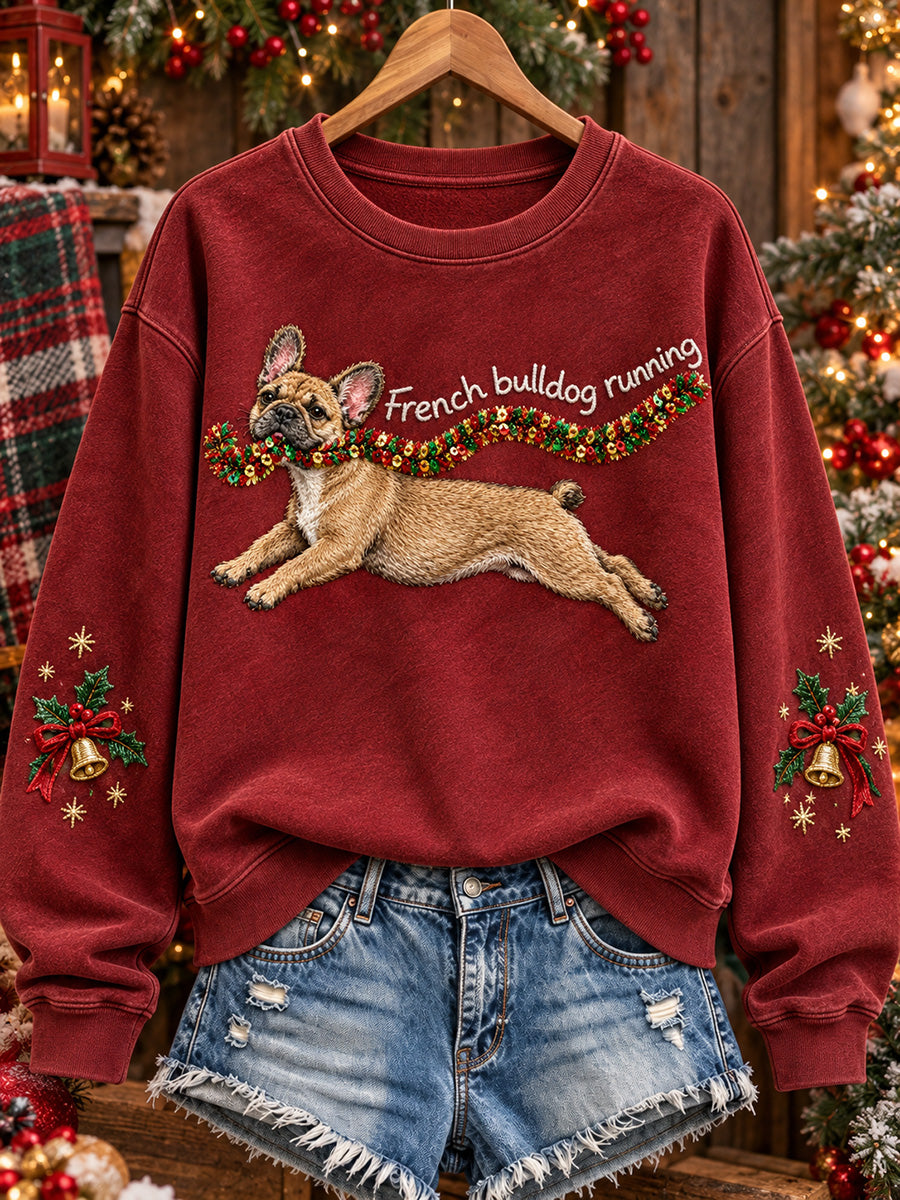 Kvinders søde franske Bulldog kører jul hunde Print Sweatshirt