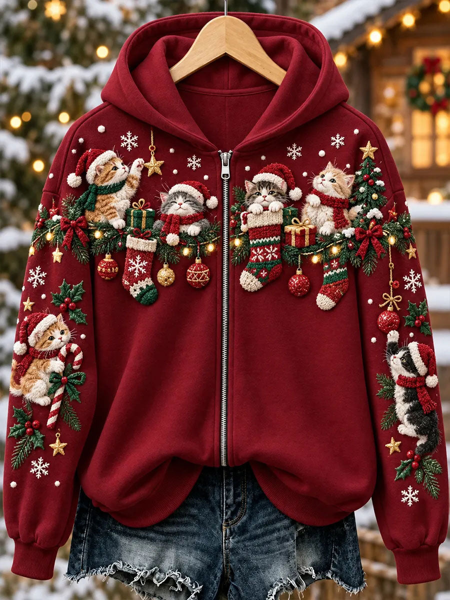 Kvinders jul kat Print Zip-Up Hoodies