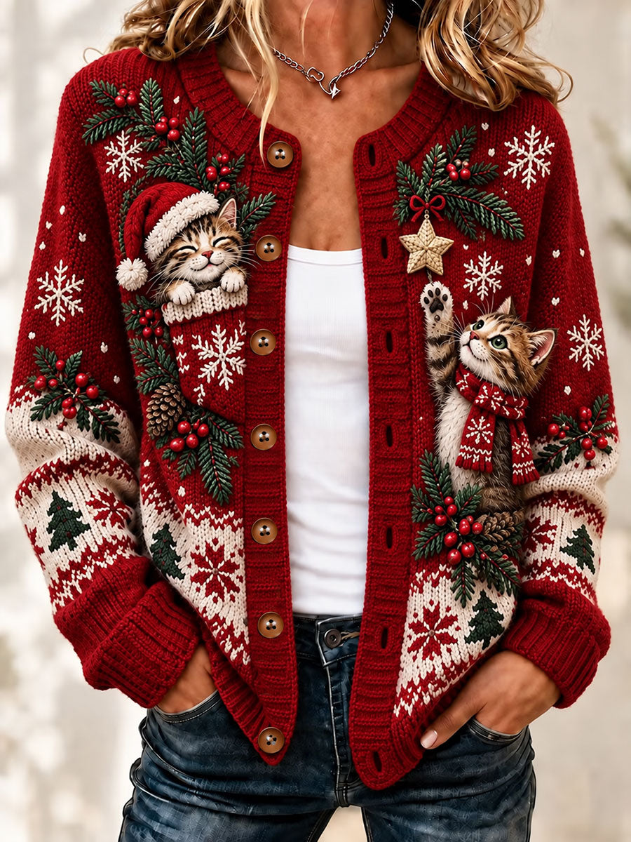 Kvindejulekort, sød kattekunstprint, afslappet cardigan