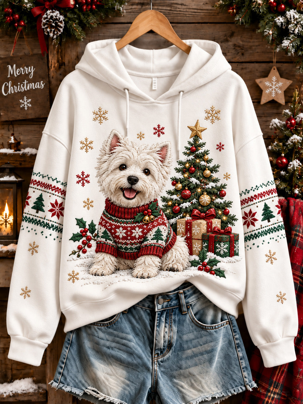 Kvinders jul West Highland Mønster Casual Hoodie.