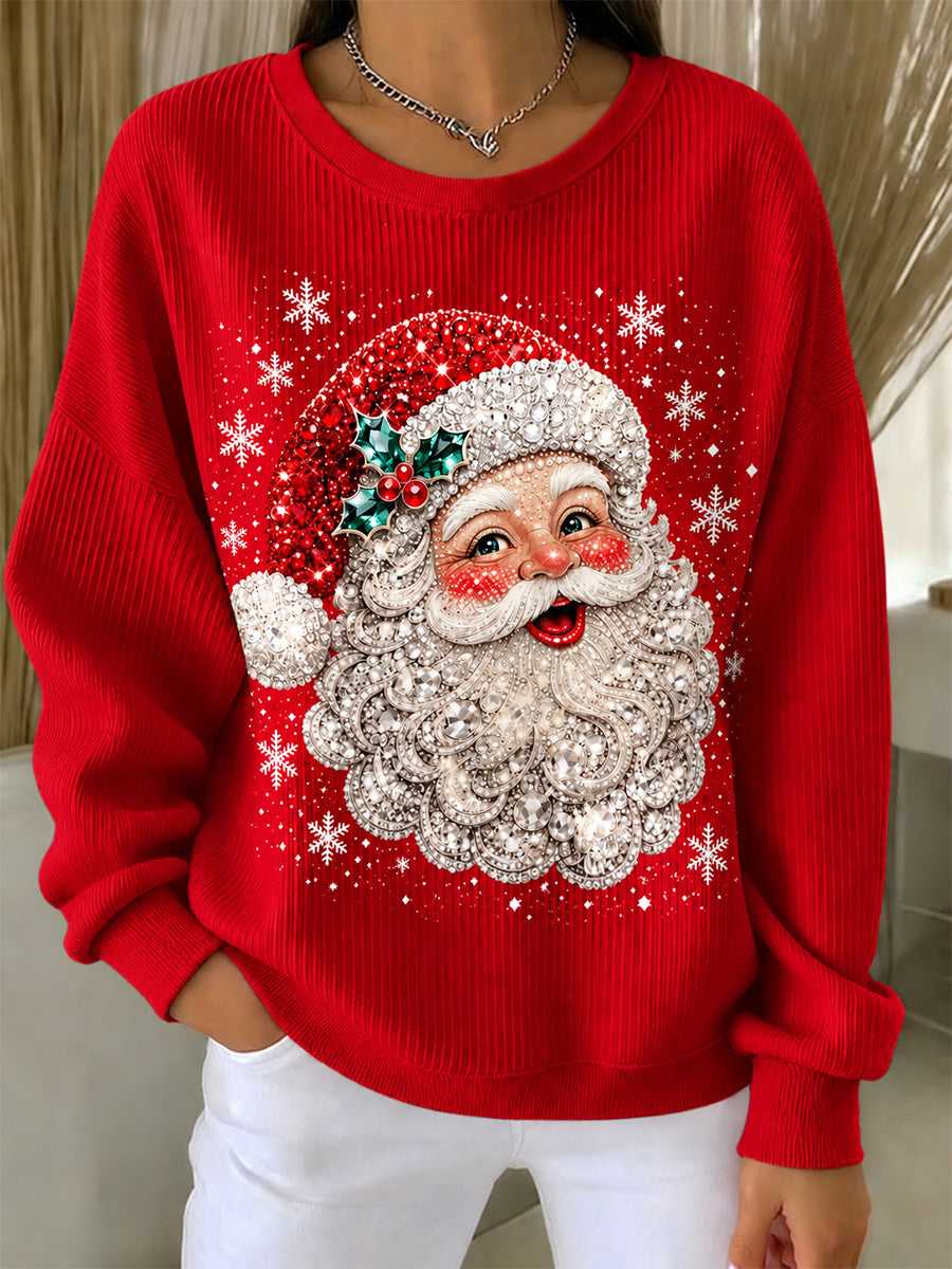 Kvinders julemand Print Casual Ribbed rund hals sweatshirt