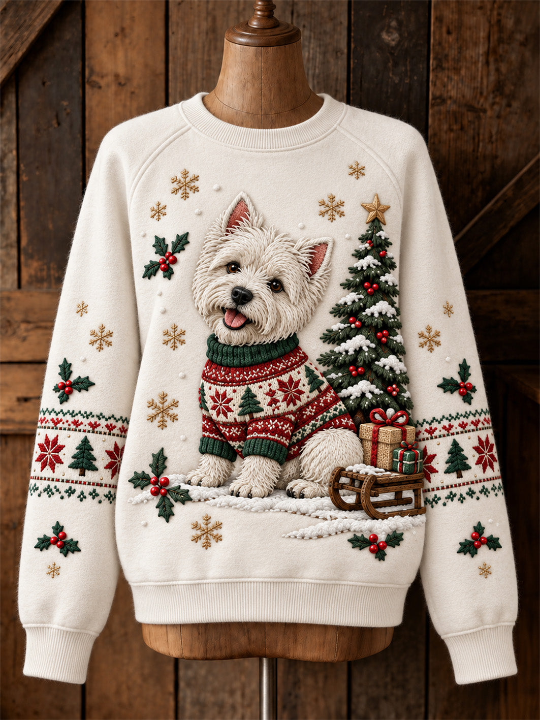 Kvinders jul West Highland Mønster Casual Raglan Sweatshirt