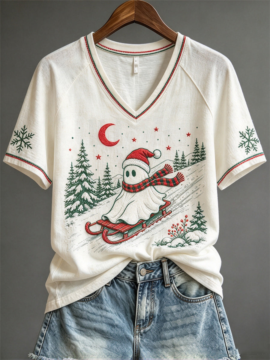 Kvinders Sledding Julen Ghost Print kortærmet T-shirt